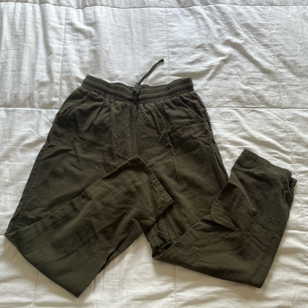 Dark Olive Green Pants, Elastic Waist, Pockets, Large